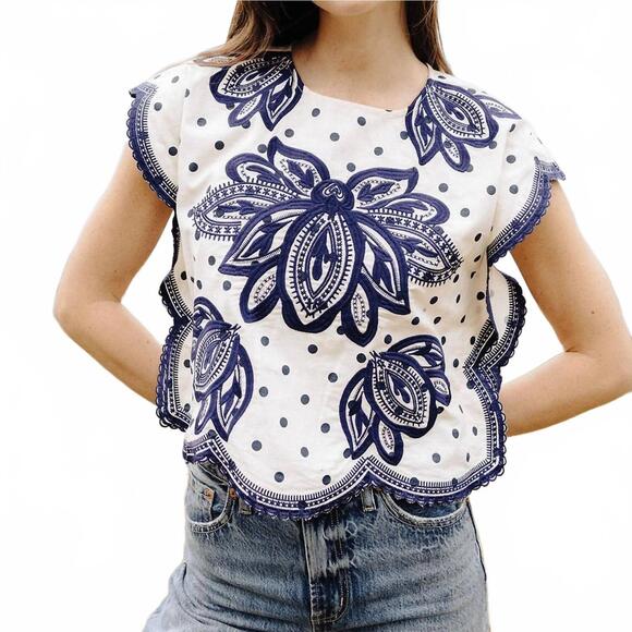 THML Tops - NEW THML short sleeve embroidered detail top in blue/white